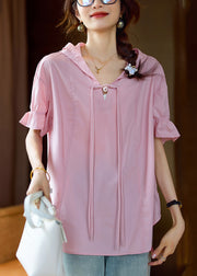 Plus Size Pink Hooded Chinese Button Cotton T Shirt Summer