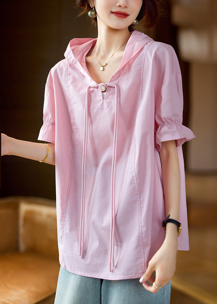 Plus Size Pink Hooded Chinese Button Cotton T Shirt Summer