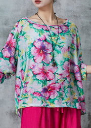 Plus Size Pink O-Neck Floral Print Linen Blouses Summer