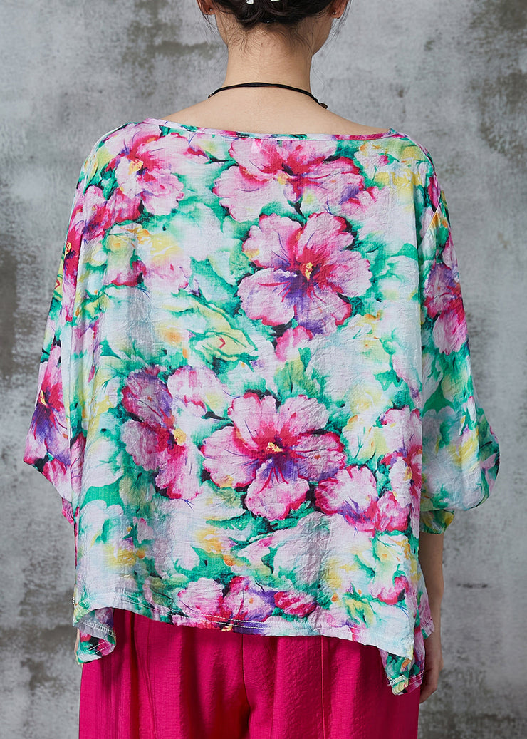 Plus Size Pink O-Neck Floral Print Linen Blouses Summer