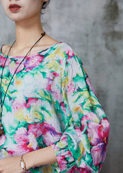 Plus Size Pink O-Neck Floral Print Linen Blouses Summer