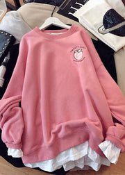 Plus Size Pink O-Neck Print Patchwork Fleece Sweatshirt Winter