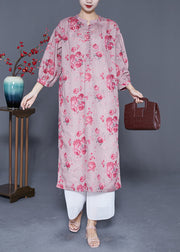 Plus Size Pink Oversized Print Linen Long Dresses Lantern Sleeve