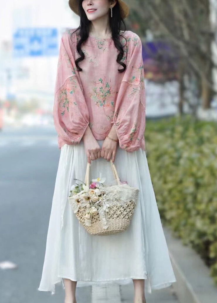 Plus Size Pink Print Linen Blouse Tops lantern sleeve