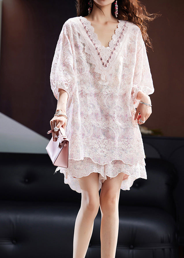 Plus Size Pink V Neck Embroidered Chiffon Two Pieces Set Summer