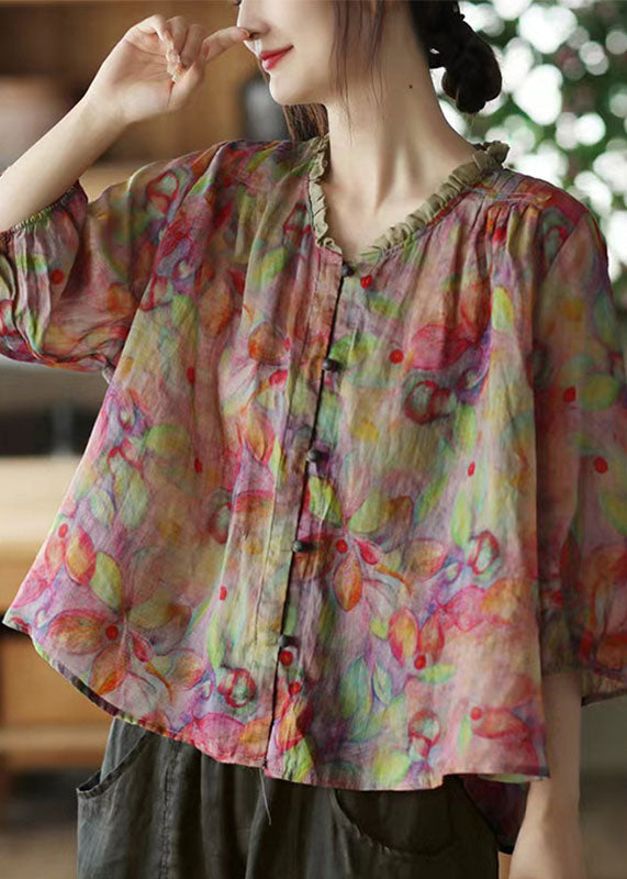 Plus Size Pink-Print2 V Neck Ruffled Print Linen Blouse Top Half Sleeve