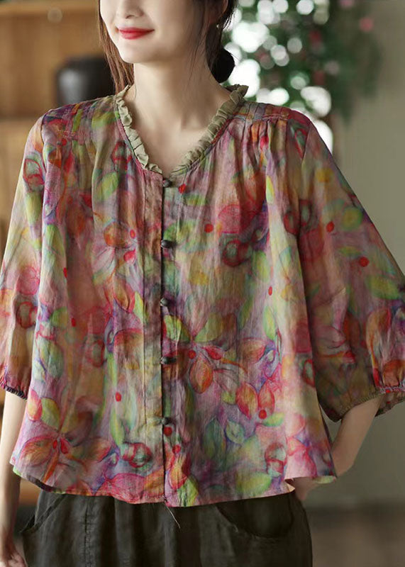 Plus Size Pink-Print5 V Neck Ruffled Print Linen Blouse Top Half Sleeve