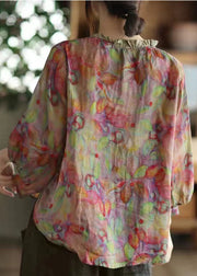 Plus Size Pink-Print5 V Neck Ruffled Print Linen Blouse Top Half Sleeve