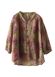 Plus Size Pink-Print2 V Neck Ruffled Print Linen Blouse Top Half Sleeve