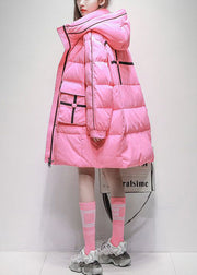 Plus Size Pink Zip Up Pockets Hooded Duck Down Puffer Coat Winter