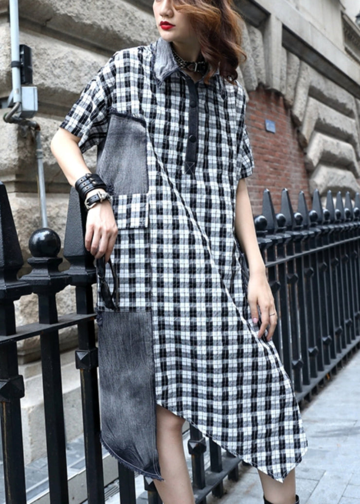 Plus Size Plaid Button Patchwork Cotton Dress Summer