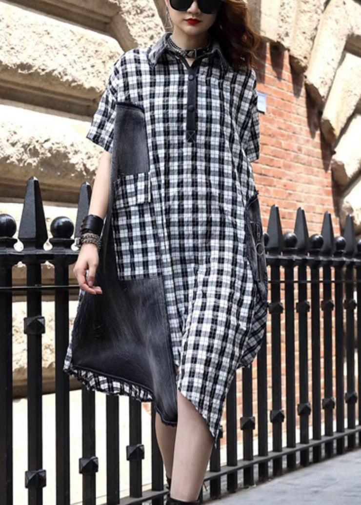 Plus Size Plaid Button Patchwork Cotton Dress Summer