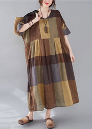 Plus Size Plaid V Neck Patchwork Linen Long Dresses Summer