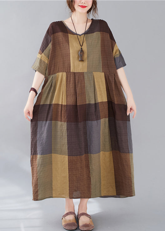 Plus Size Plaid V Neck Patchwork Linen Long Dresses Summer