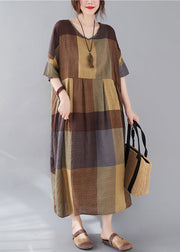 Plus Size Plaid V Neck Patchwork Linen Long Dresses Summer