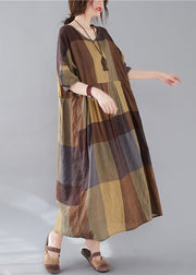 Plus Size Plaid V Neck Patchwork Linen Long Dresses Summer