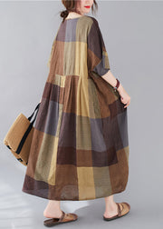 Plus Size Plaid V Neck Patchwork Linen Long Dresses Summer