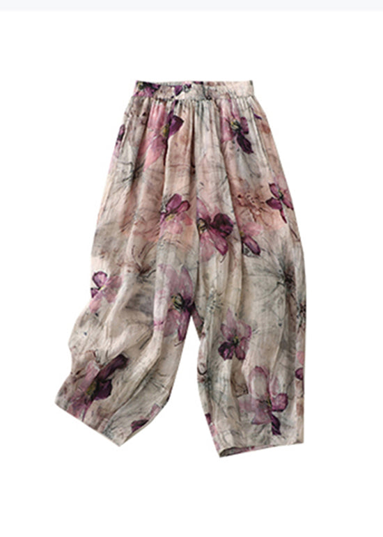 Plus Size Pockets Print Elastic Waist Cotton Lantern Pants Summer