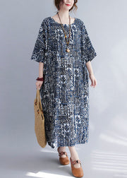 Plus Size Print O Neck Pockets Cotton Long Dresses Summer