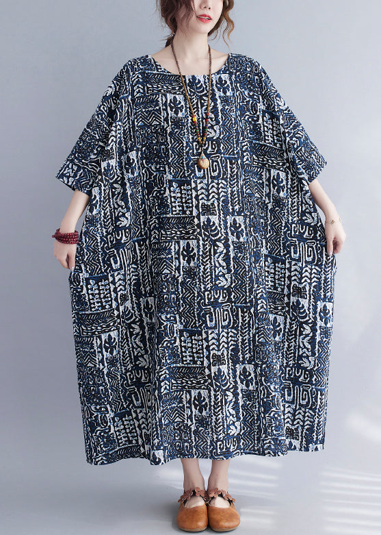 Plus Size Print O Neck Pockets Cotton Long Dresses Summer