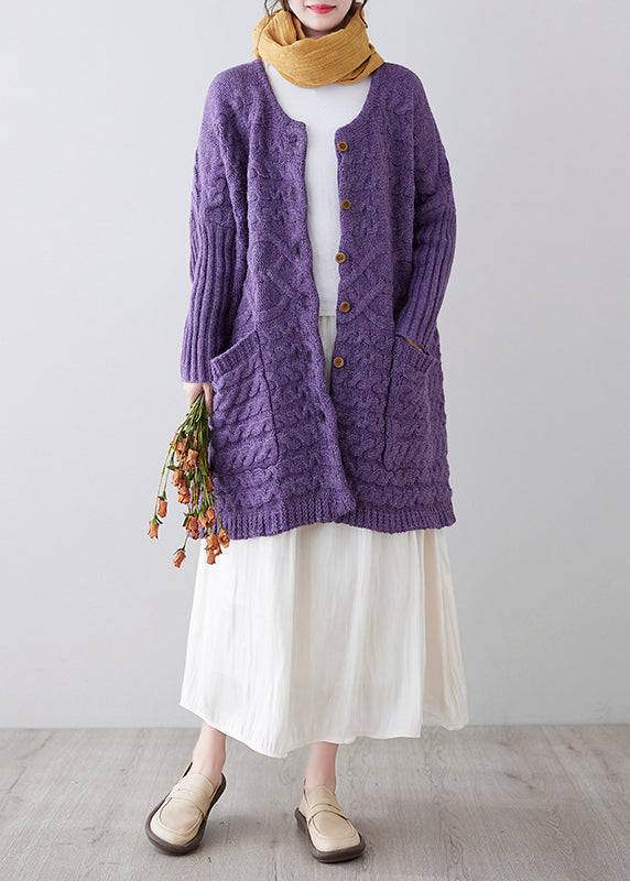 Plus Size Purple Button Pockets Cotton Knit Cardigan Fall