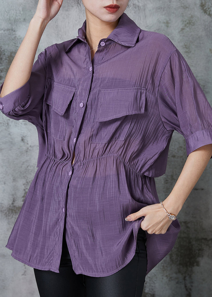 Plus Size Purple Cinched Patchwork Silk Shirt Top Summer