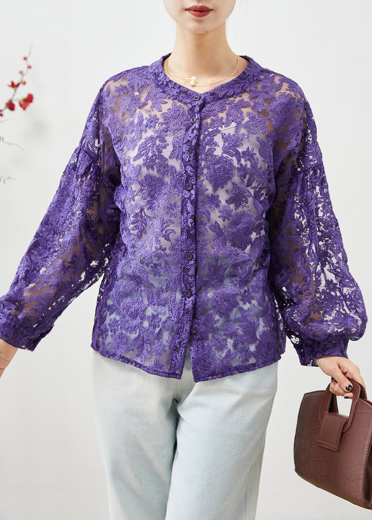 Plus Size Purple Embroideried Hollow Out Lace Shirts Fall