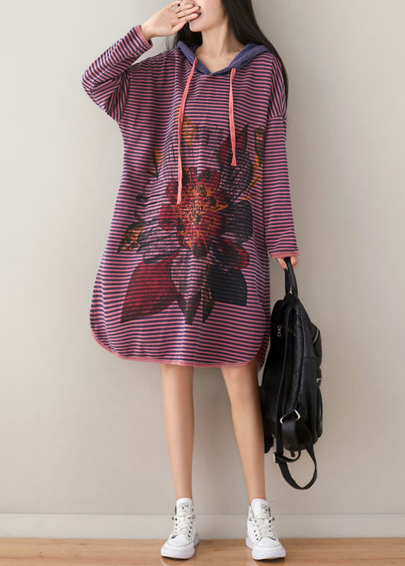 Plus Size Purple Hooded Striped Print Cotton Sweatshirt Dress Spring