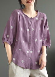 Plus Size Purple O-Neck Print Linen Top Summer