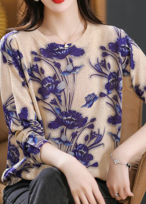 Plus Size Purple O Neck Print Thin Knit Blouses Fall