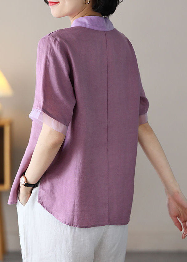 Plus Size Purple Peter Pan Collar Patchwork Linen Shirt Tops Short Sleeve