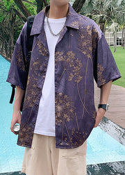 Plus Size Purple Print Button Cotton Men Shirts Half Sleeve