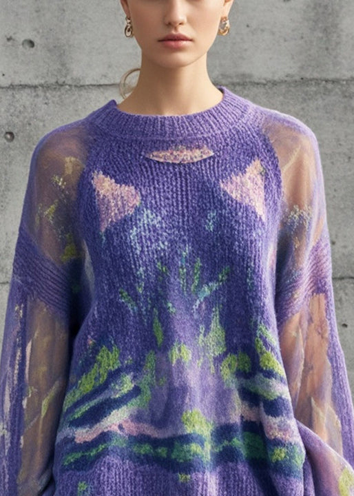 Plus Size Purple Tie Dye Hollow Out Knit Pullover Fall