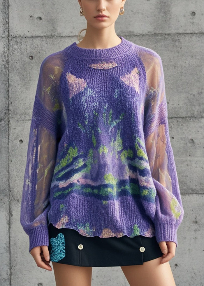 Plus Size Purple Tie Dye Hollow Out Knit Pullover Fall