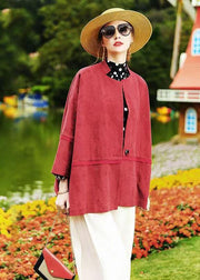 Plus Size Red Batwing Sleeve Patchwork Cotton Cardigan Coat Fall