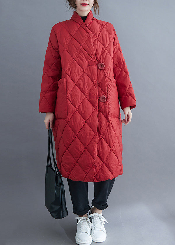 Plus Size Red Button Pockets Cotton Filled Long Parka Winter