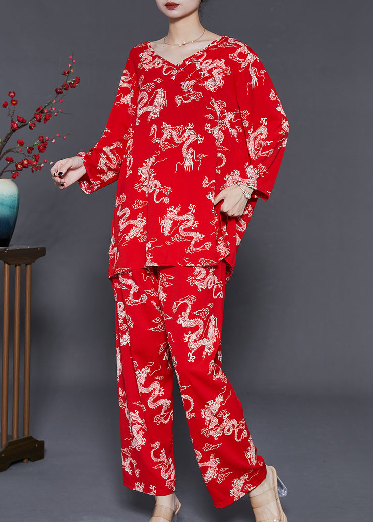 Plus Size Red Dragon Print Cotton Women Sets 2 Pieces Summer