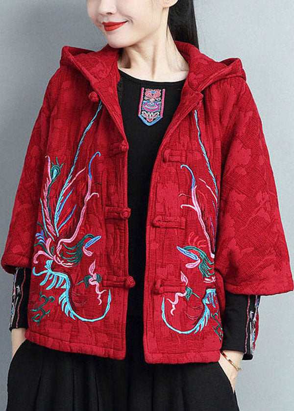 Plus Size Red Hooded Embroideried Warm Fleece Coat Batwing Sleeve