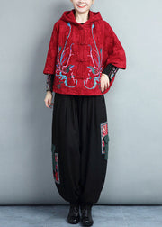 Plus Size Red Hooded Embroideried Warm Fleece Coat Batwing Sleeve