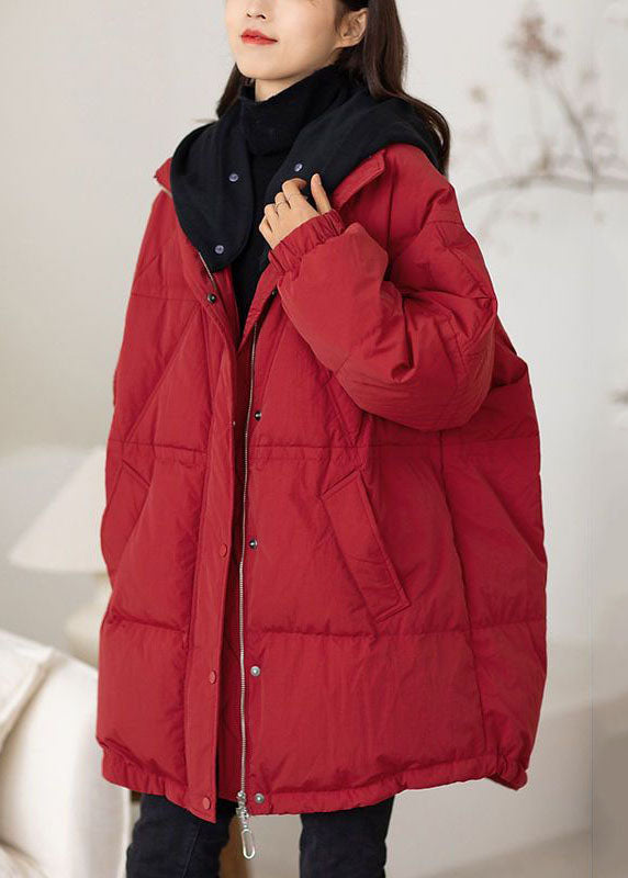 Plus Size Red Hooded Patchwork Duck Down Puffers Jackets Winter