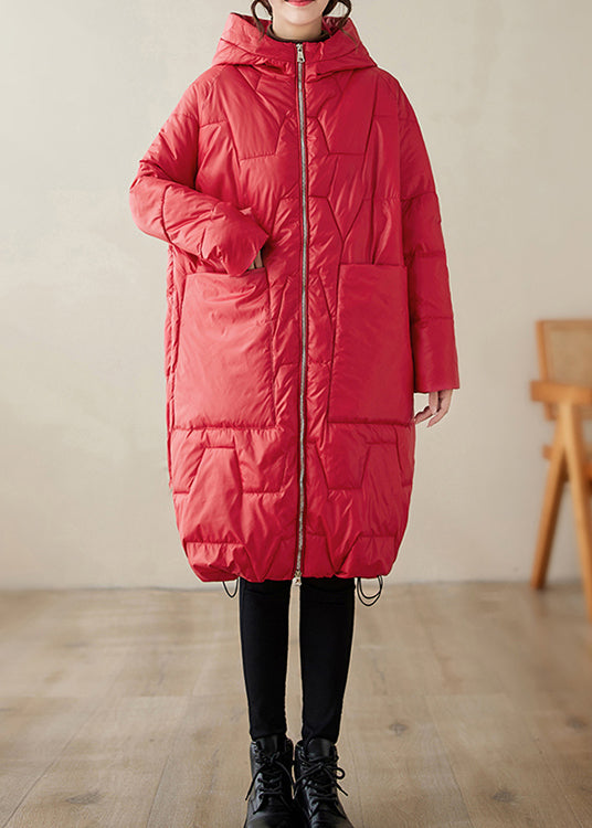 Plus Size Red Hooded Pockets Fine Cotton Filled Coat Winter