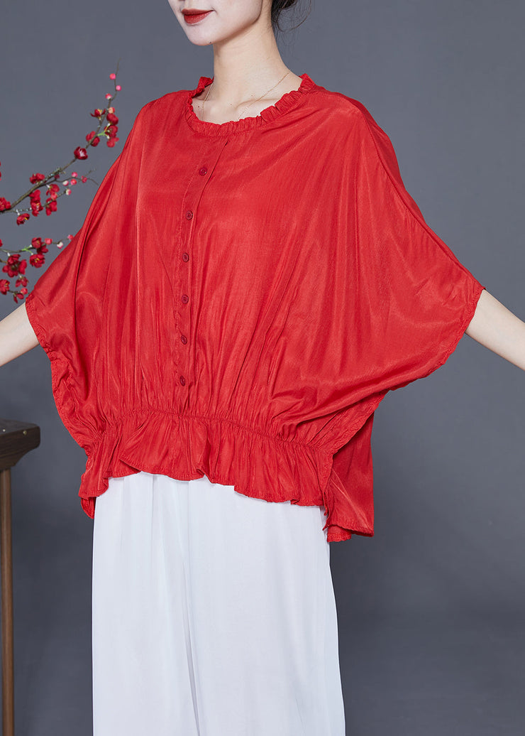 Plus Size Red O-Neck Oversized Wrinkled Silk Blouses Batwing Sleeve