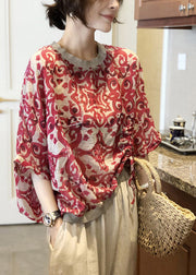 Plus Size Red O-Neck Print Chiffon Top Long Sleeve