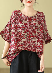 Plus Size Red O Neck Print Cotton Blouse Top Summer