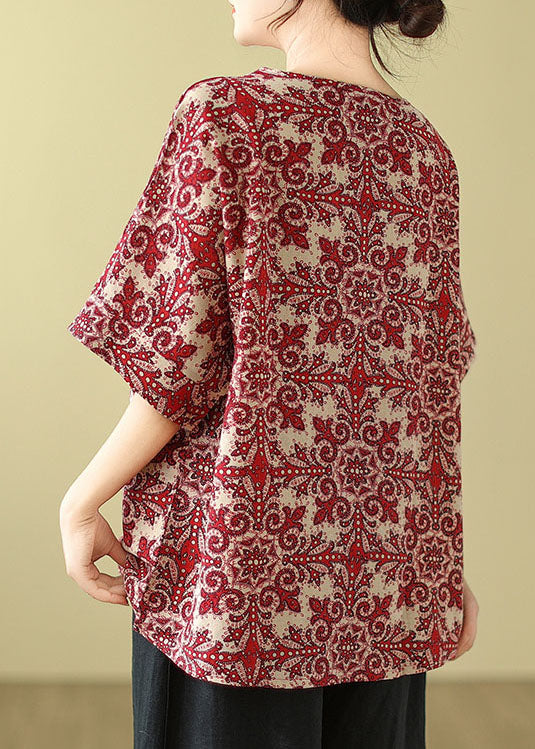 Plus Size Red O Neck Print Cotton Blouse Top Summer