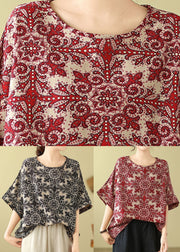 Plus Size Red O Neck Print Cotton Blouse Top Summer