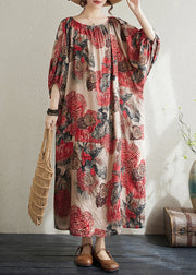 Plus Size Red O Neck Print Cotton Long Dress Puff Sleeve