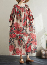 Plus Size Red O Neck Print Cotton Long Dress Puff Sleeve