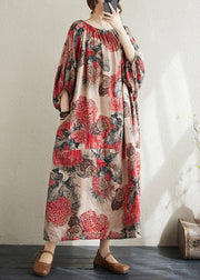 Plus Size Red O Neck Print Cotton Long Dress Puff Sleeve