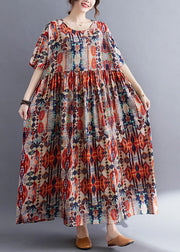 Plus Size Red O-Neck Print Patchwork Cotton Long Dresses Summer